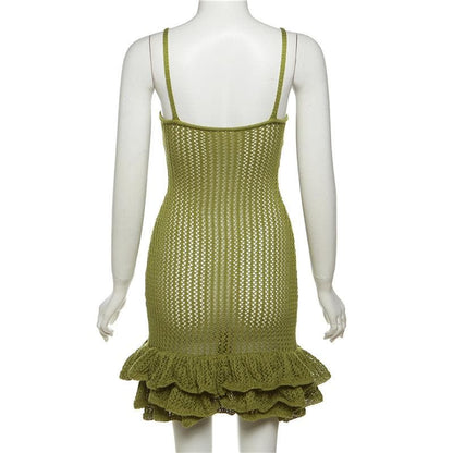 Spaghetti Strap V-Neck Crochet Pointelle Ruffle Lettuce Hem Mini Dress