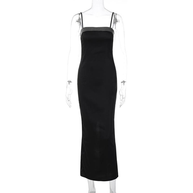 Beaded Square Neck Spaghetti Strap Column Maxi Dress