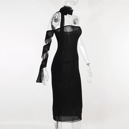 Strapless Flower Applique Lace-Up Ribbon Tube Midi Dress