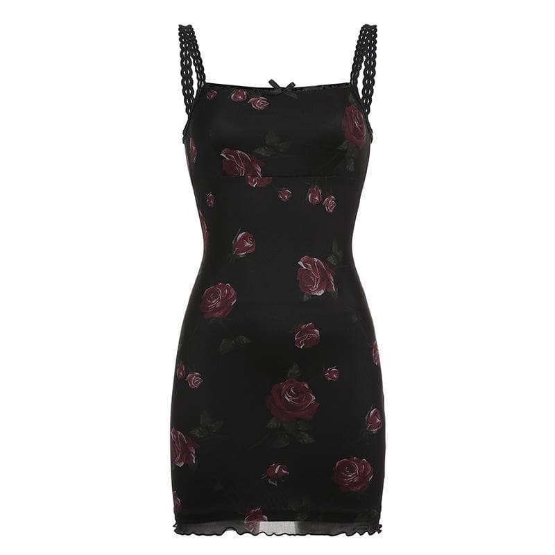 Square Lace Trim Neck Bow Large Floral Lettuce Hem Mini Dress