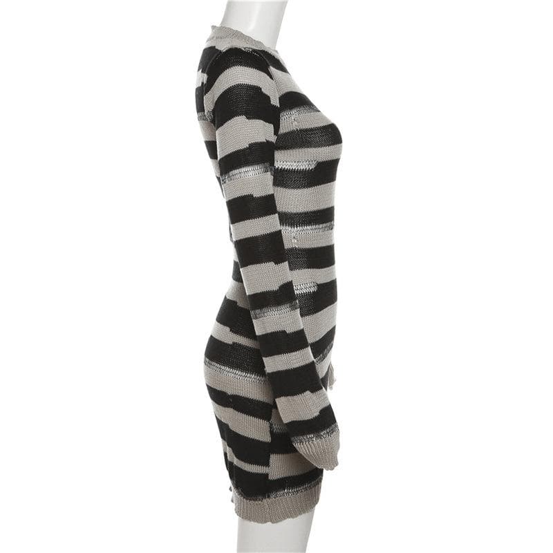 Crew Neck Distressed Open Knit Glitch Stripe Rib Knit Mini Dress
