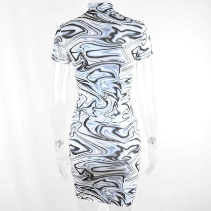 Mock Neck Short Sleeve Marble Print Bodycon Mini Dress