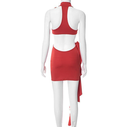 Halter Keyhole Neck Rosette Applique Cascading Ruffle Side Mini Dress