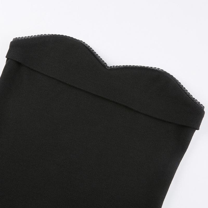 Sweetheart Lace Trim Strapless Rib Knit Gloves Mini Dress