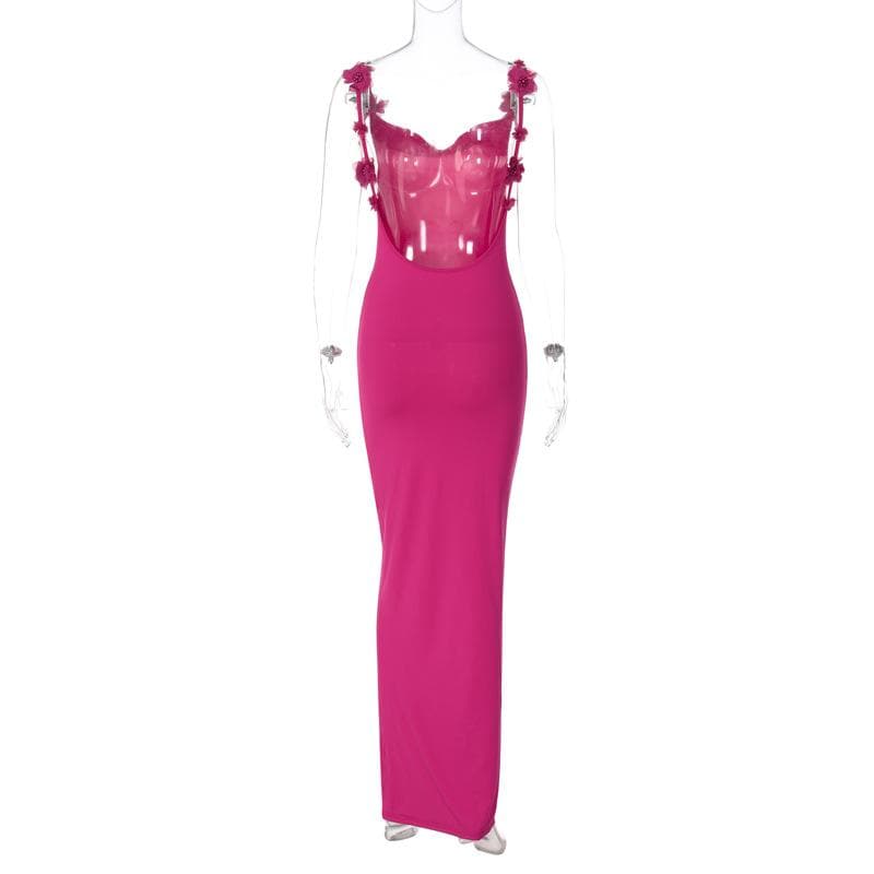 Spaghetti Strap Rosette Applique Open Back Bodycon Maxi Dress