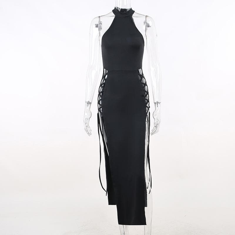 Halter Neck Side Lace Up Bow Tie High Slit Bodycon Midi Dress