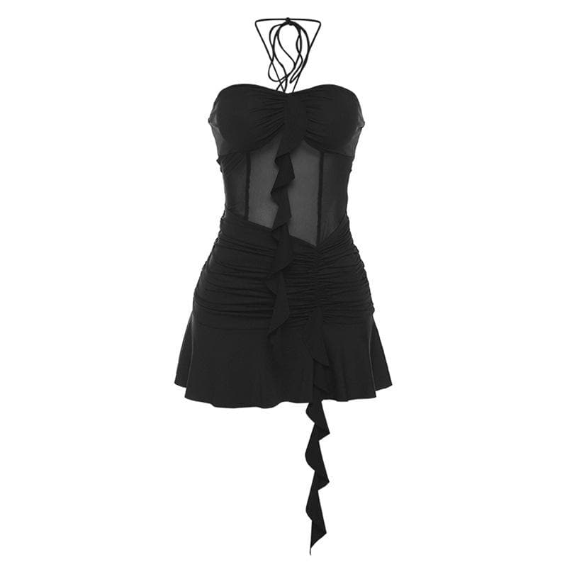 Halter Tie Neck Mesh Corset Vertical Ruffle Bodycon Mini Dress