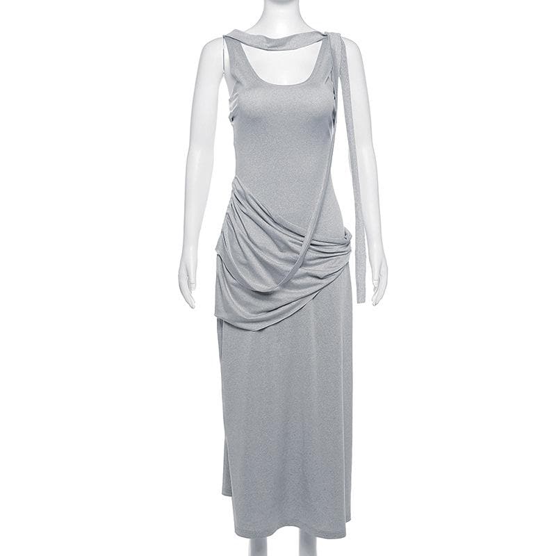 Choker Band Asymmetrical Draped Ruched Hip Sleeveless Column Maxi Gown