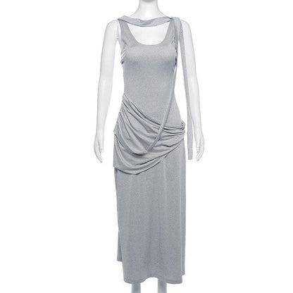 Choker Band Asymmetrical Draped Ruched Hip Sleeveless Column Maxi Gown