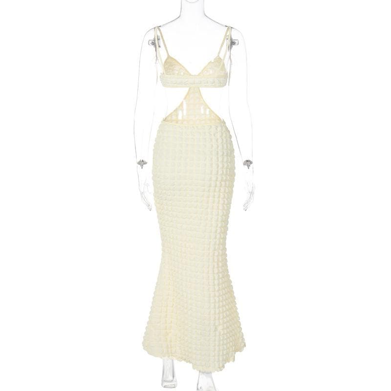 Spaghetti Strap Popcorn Knit Waist Cutout Backless Maxi Dress