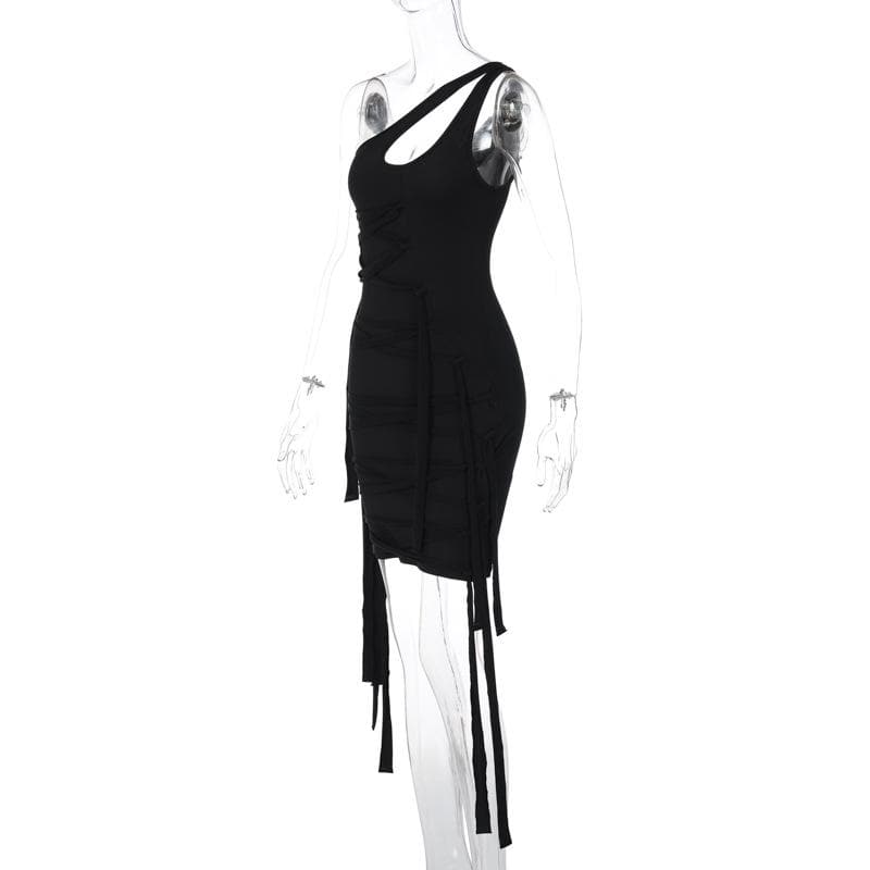 One Shoulder Bandage Lace Up Ribbon Strap Tassel Hem Mini Dress