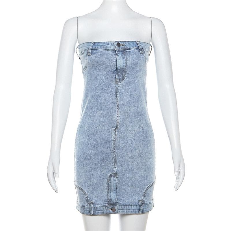 Strapless Reconstructed Waistband Denim Bodycon Mini Dress
