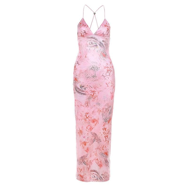 Butterfly Applique Criss Cross Strap Backless Printed Bodycon Maxi Dress