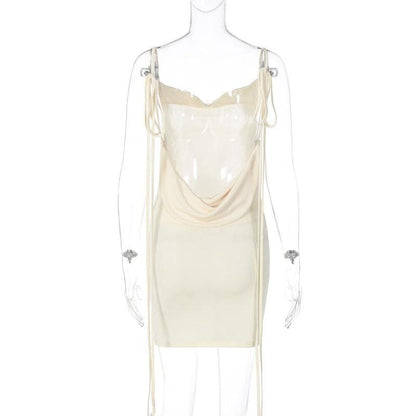Cowl Neck Velvet Ribbon Tie Shoulder Bodycon Mini Dress