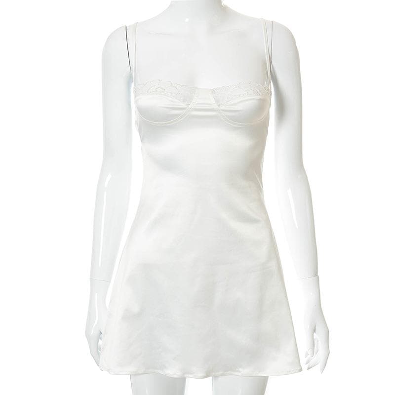 Sweetheart Lace Trim Satin Spaghetti Strap Slip Mini Dress