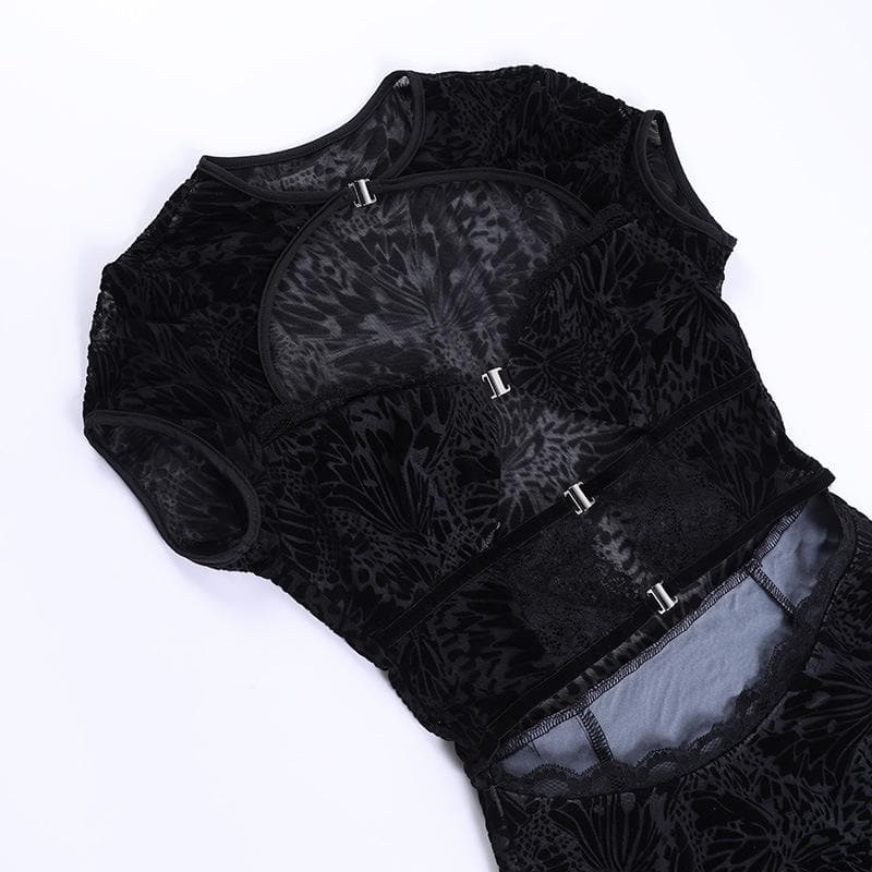 Flocked Butterfly Lace Cutout Buckle Bodycon Mini Dress