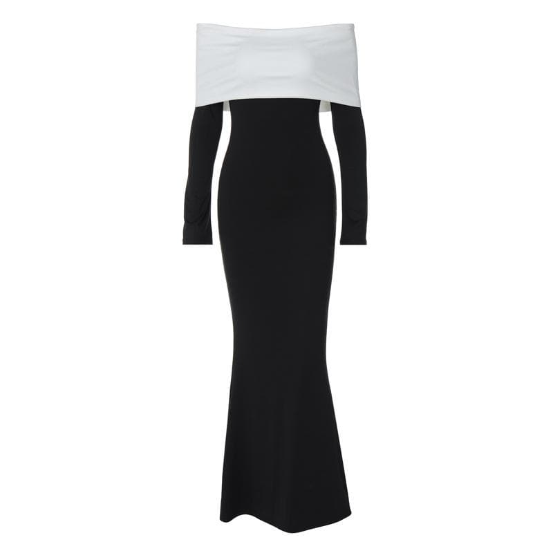 Fold Over Off Shoulder Long Sleeve Bodycon Mermaid Maxi Gown
