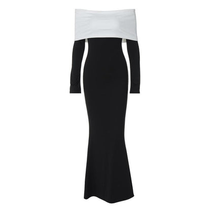 Fold Over Off Shoulder Long Sleeve Bodycon Mermaid Maxi Gown