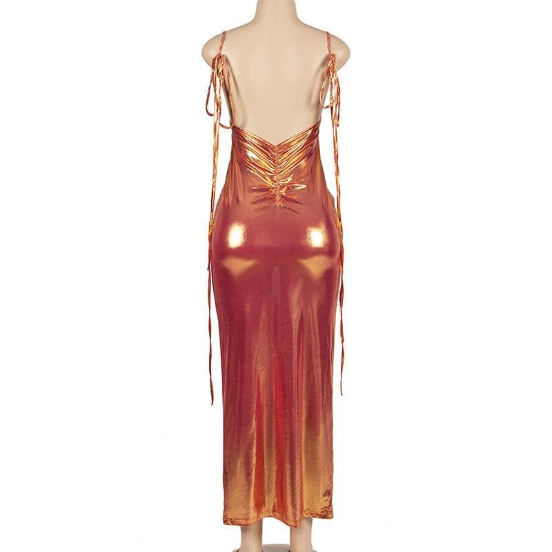 Metallic Tie Shoulder Deep V Back Ruched Bodycon Maxi Dress