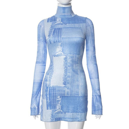 Denim Patchwork Print Mock Neck Extra Long Sleeve Mesh Mini Dress