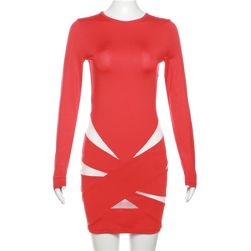 Mesh Long Sleeve Crewneck Criss Cross Cut Out Mini Dress