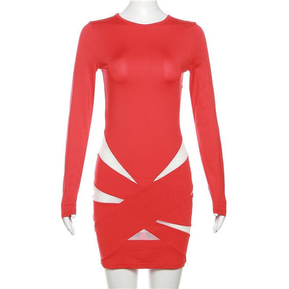 Mesh Long Sleeve Crewneck Criss Cross Cut Out Mini Dress