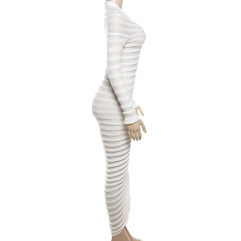 Mock Neck Long Sleeve Horizontal Ruched Rib Knit Bodycon Midi Dress