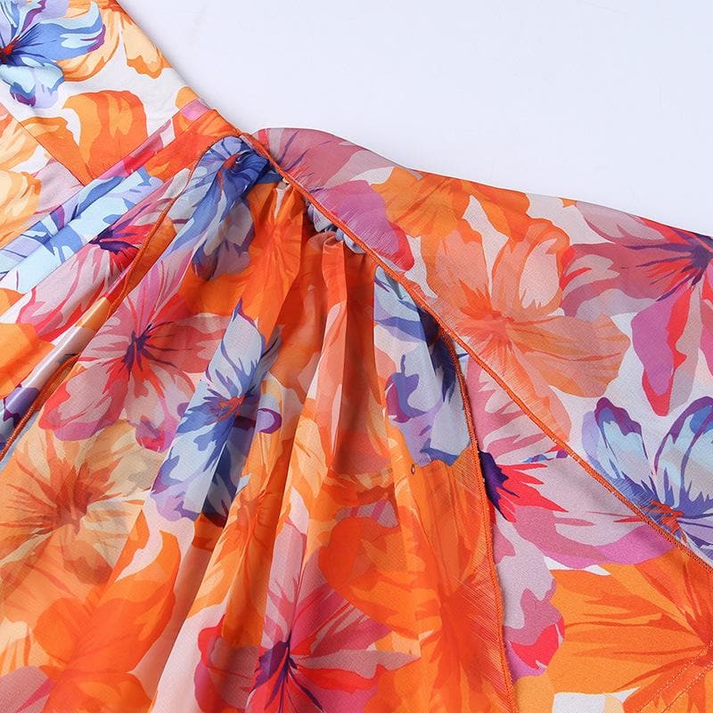 Strapless Tropical Floral Print Ruched Asymmetric Hem Mini Dress