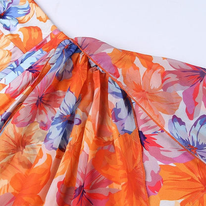 Strapless Tropical Floral Print Ruched Asymmetric Hem Mini Dress
