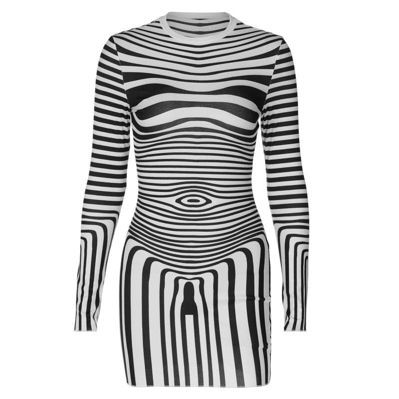 Striped Contrast Long Sleeve Crewneck Mini Dress