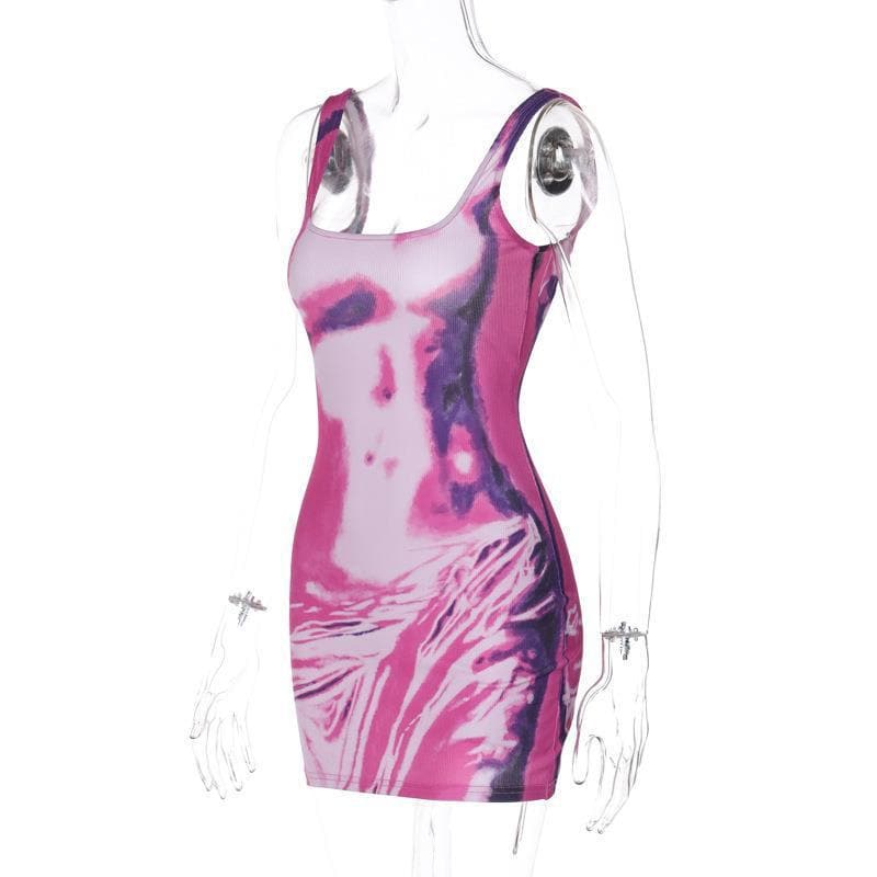 Scoop Neck Spaghetti Strap Trompe Loeil Body Print Bodycon Mini Dress