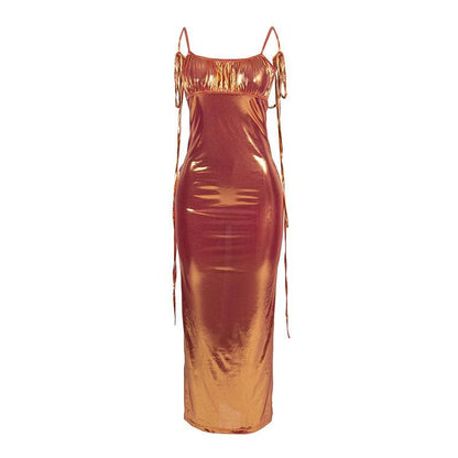 Metallic Tie Shoulder Deep V Back Ruched Bodycon Maxi Dress