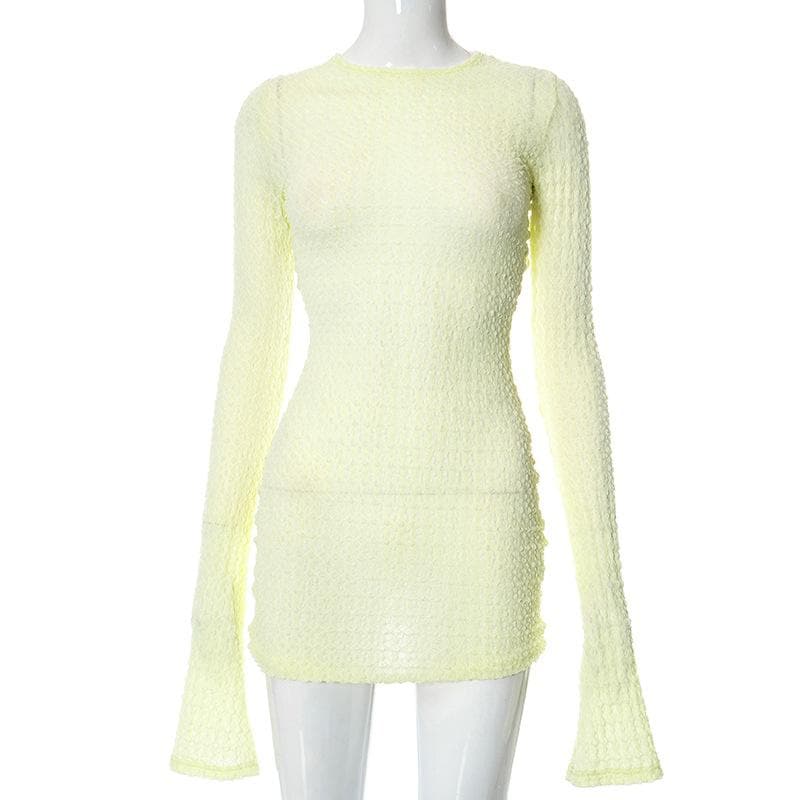 Crew Neck Honeycomb Lattice Knit Bell Cuff Bodycon Mini Dress