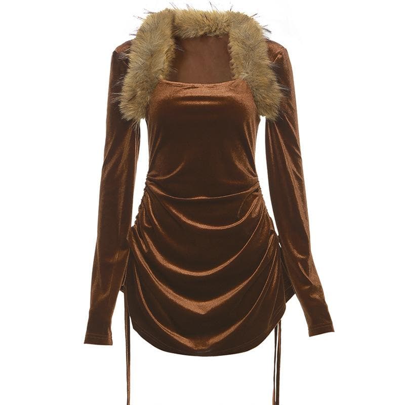 Faux Fur Collar Square Neck Long Sleeve Ruched Drawstring Side Mini Dress