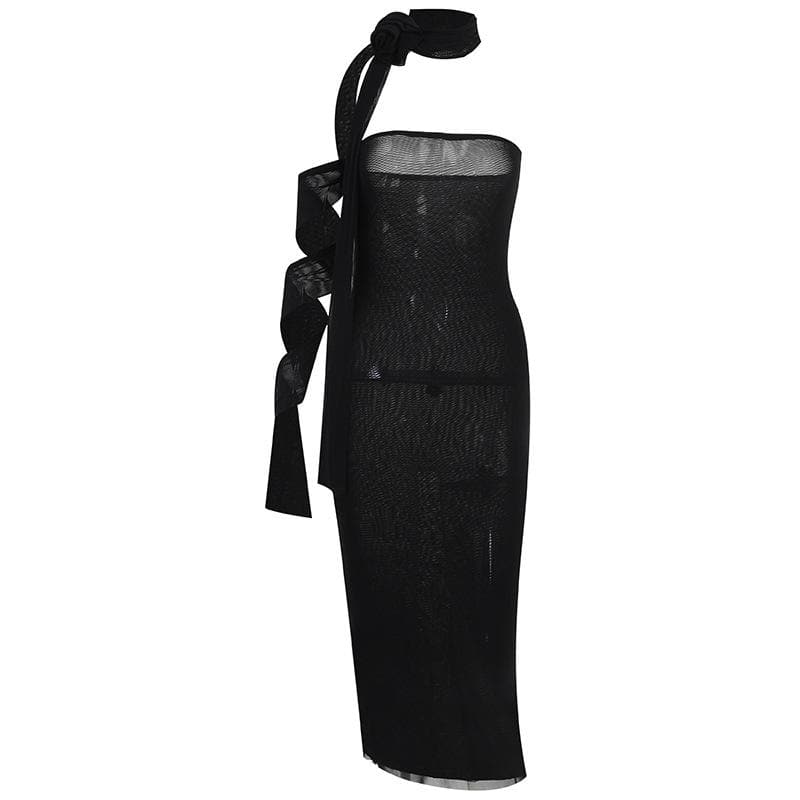 Strapless Flower Applique Lace-Up Ribbon Tube Midi Dress