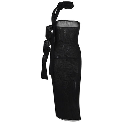Strapless Flower Applique Lace-Up Ribbon Tube Midi Dress