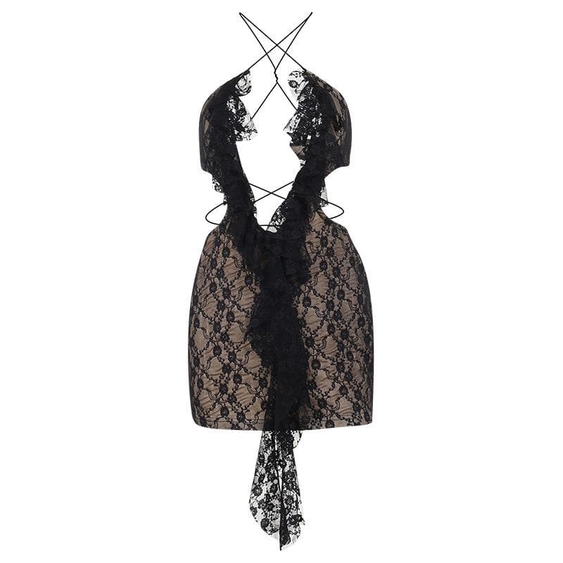 Lace Halter Cross Front Diamond Cutout Ruffle Mini Dress