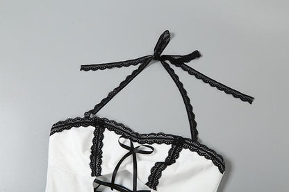 Halter Heart Lace Trim Lace Up Bow Ruffle Hem Mini Dress