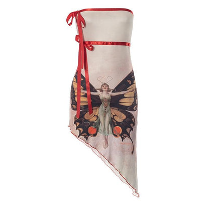 Butterfly Print Ribbon Trim Asymmetrical Hem Tube Mini Dress