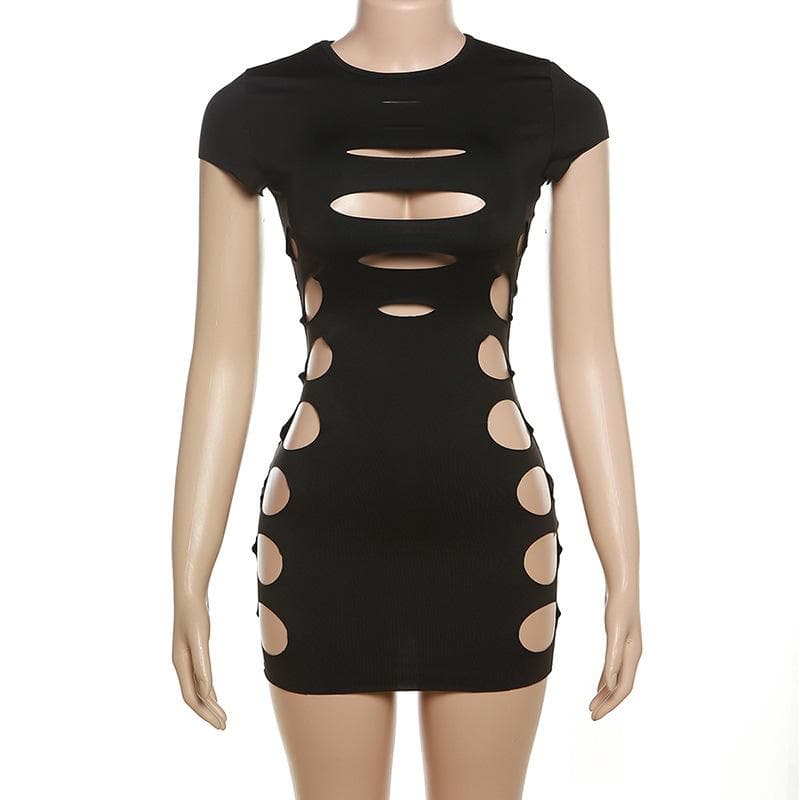 Crew Neck Cap Sleeve Slash Cutout Hollow Out Bodycon Mini Dress