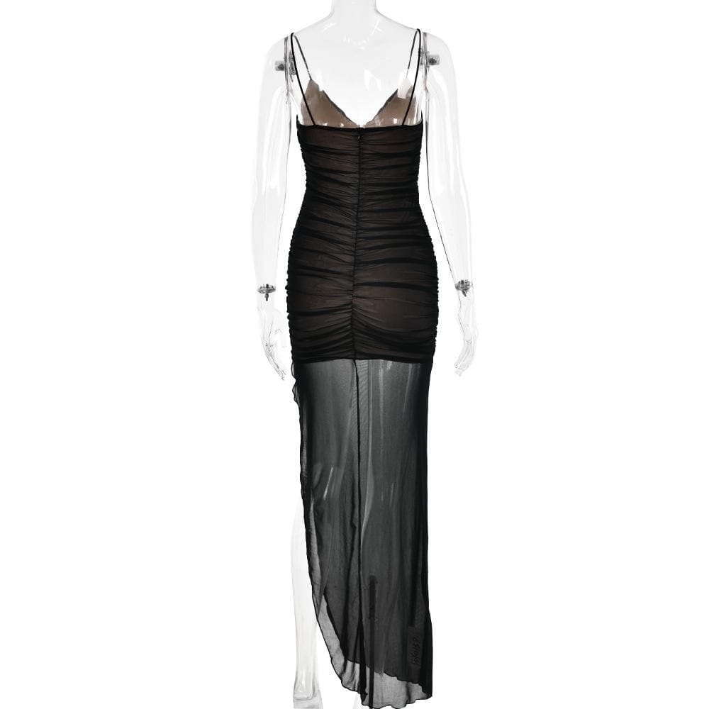 Sweetheart Spaghetti Strap Mesh Overlay Ruched Corset High Slit Maxi Dress