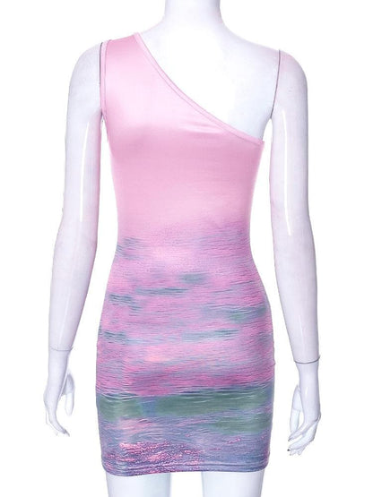 One Shoulder Swan Heart Sunset Graphic Bodycon Mini Dress