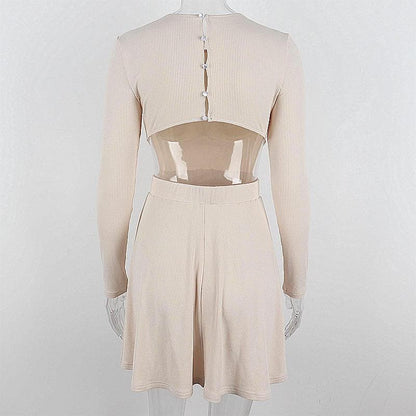 Ribbed Knit Band Waist Long Sleeve Skater Mini Dress