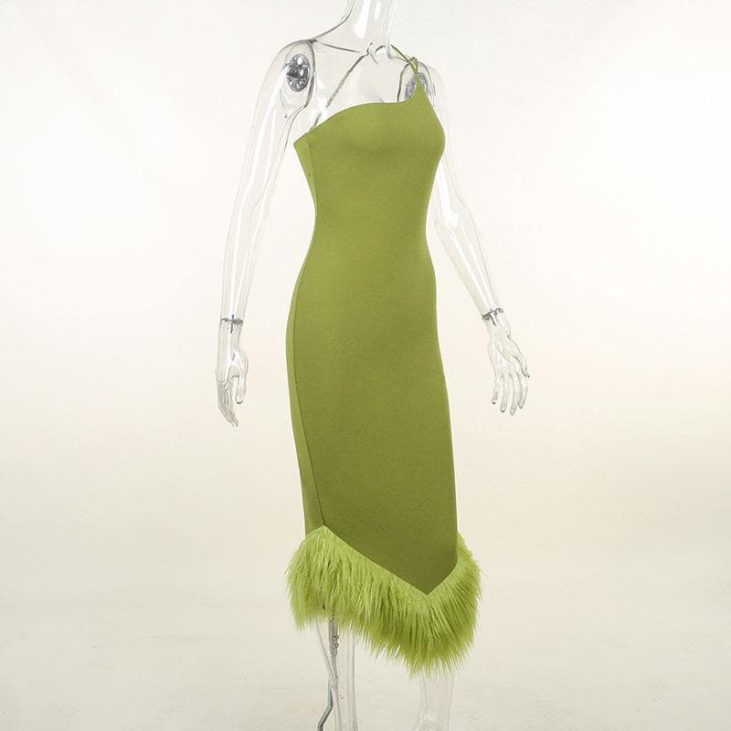 One Shoulder Fringe Trim Asymmetric Hem Bodycon Midi Dress