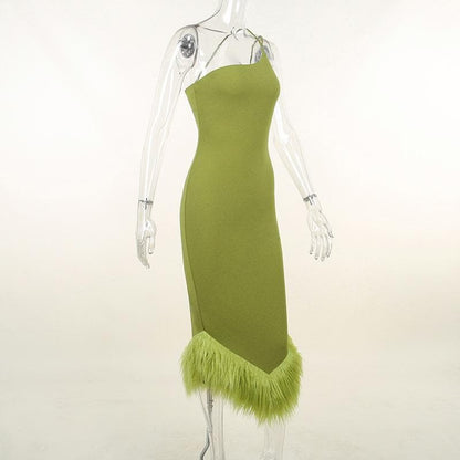 One Shoulder Fringe Trim Asymmetric Hem Bodycon Midi Dress