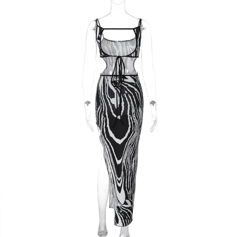 Abstract Marble Print Spaghetti Strap Waist Cutout Bodycon Maxi Dress