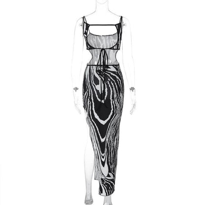 Abstract Marble Print Spaghetti Strap Waist Cutout Bodycon Maxi Dress