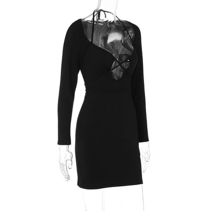 Halter Neck Criss Cross Strap Keyhole Cold Shoulder Rib Knit Mini Dress