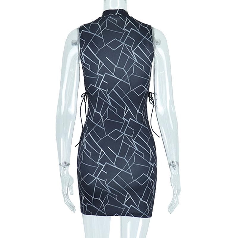 Mock Neck Geometric Print Side Lace Up Bodycon Mini Dress