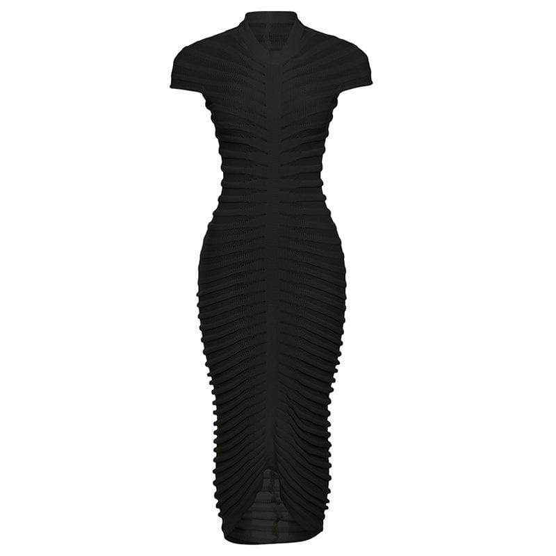 Horizontal Rib Tiered Bandage Mock Neck Cap Sleeve Midi Dress